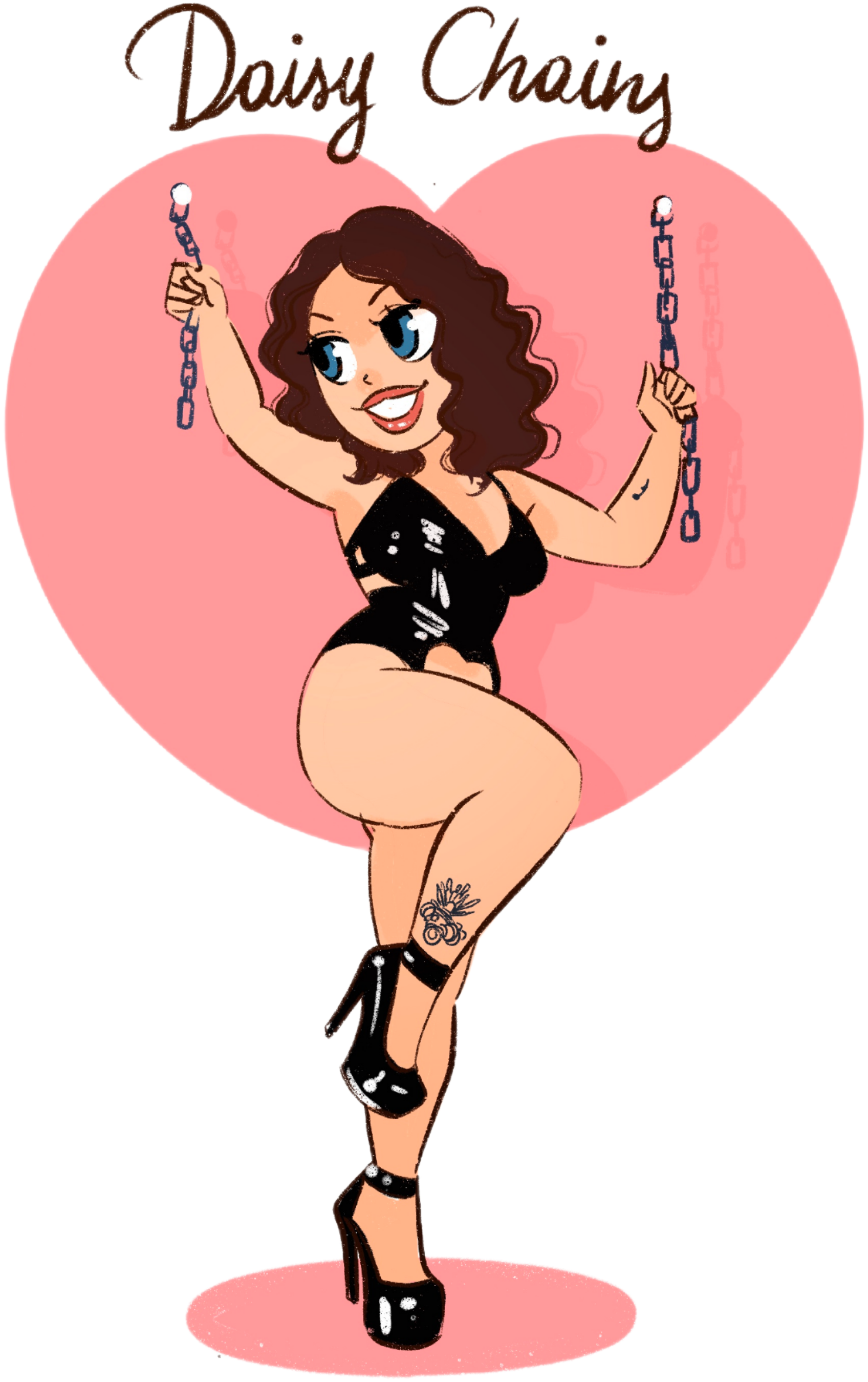 Daisy's cartoon logo, drawn chibi-anime style features Her incredible curves and vivid tattoos in a black vinyl corset